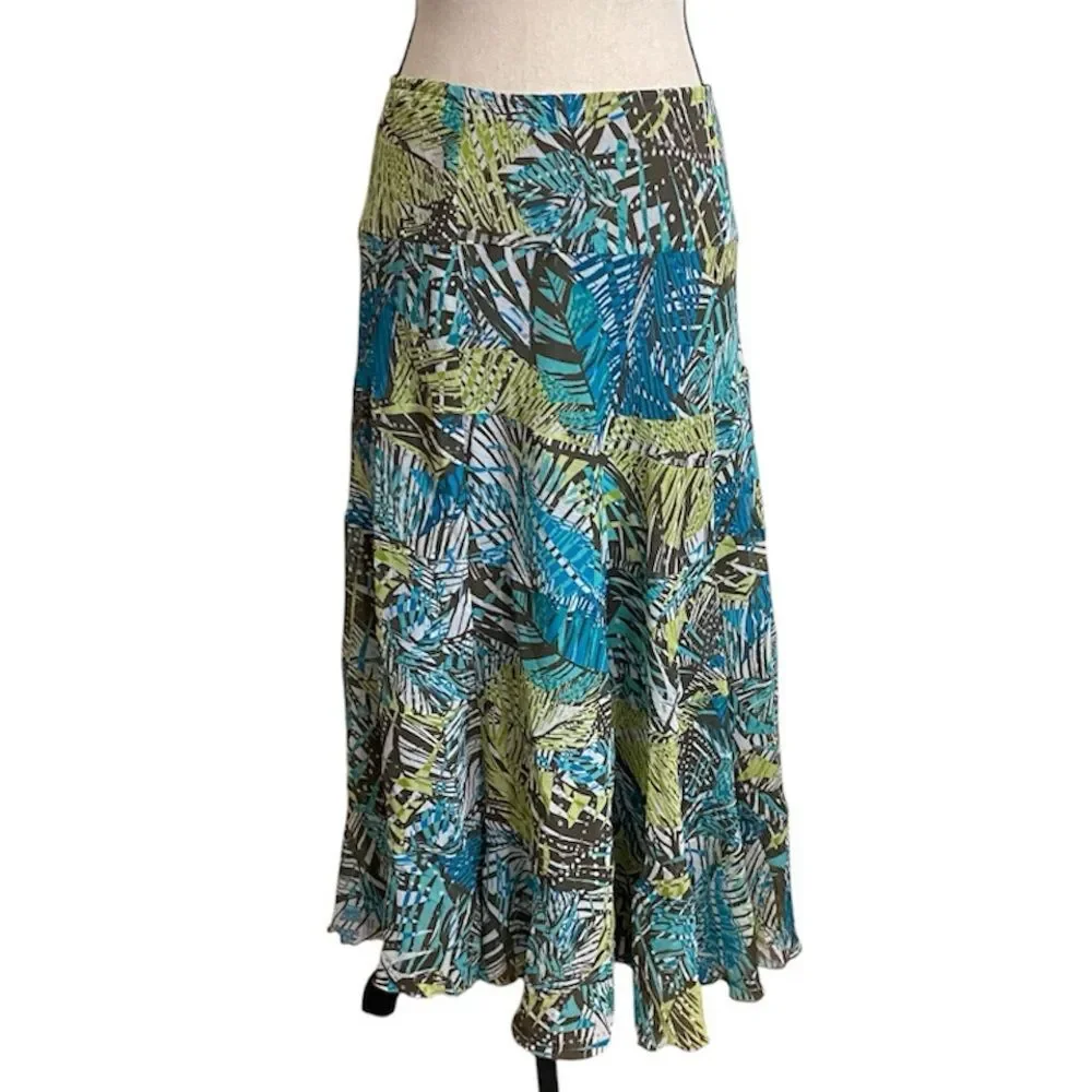 Ruby Rd Petite Maxi/Midi Skirt 10P Green Multi Floral Sheer Overlay Lined Flowy